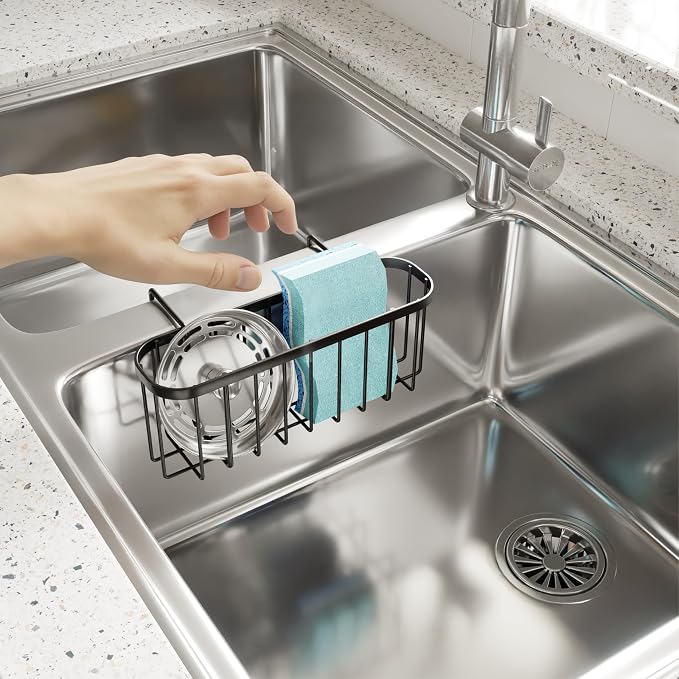 SWTYMIKI Sponge Holder for Kitchen Sink with Partition, Movable Kitchen Sink Caddy with Compact Size Stainless Steel Hanging Sink Sponge Caddy for Double Bowl Sinks, Black