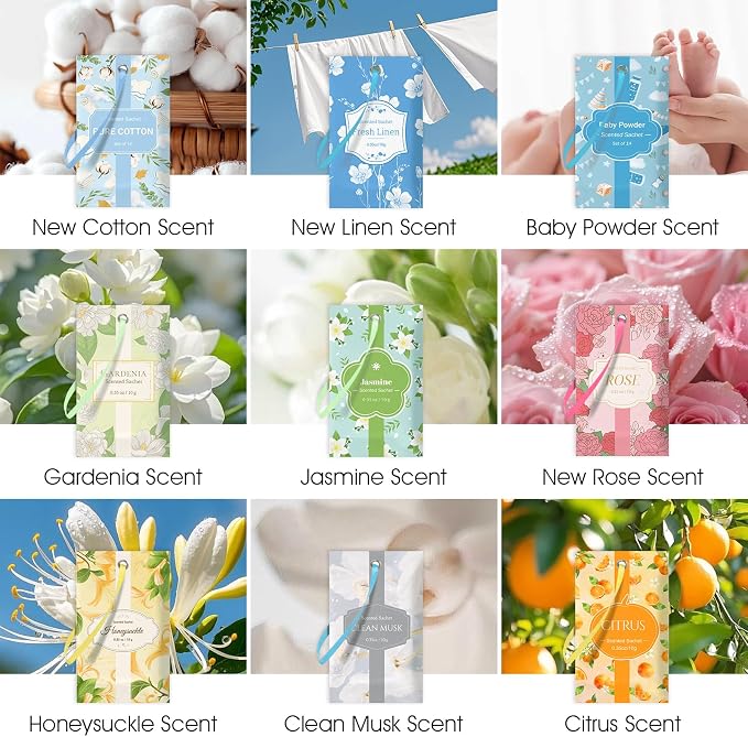 SCENTORINI Scented Sachets for Drawer and Closet, Honeysuckle Scent 14 Pack | Long-Lasting Sachets Bags Gift Set, Wardrobe Freshener for Dresser, Closet, Clothes Storage, Suitcases, Gym Bag, Locker