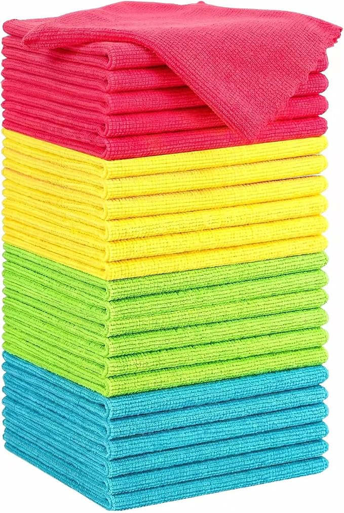 Puomue Microfiber Cleaning Cloth, 24 Pack Highly Absorbent Cleaning Rags, 4 Color Mix, Reusable, Soft and Lint Free Cleaning Supplies for Window, Household and Kitchen, 12 Inch X 10.6 Inch