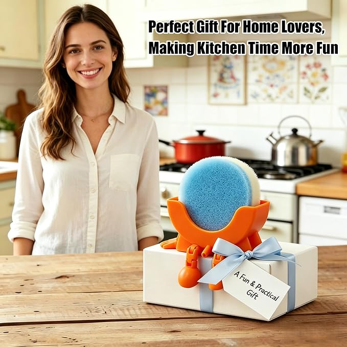 Cute Hanging Sponge Holder with Drainage,3D Printed Kitchen Funny Sponge Stand for Sink,with non-slip pads,Suitable for Scrub Daddy Holder,Keeps Your Sponge Dry Smiling (Orange)