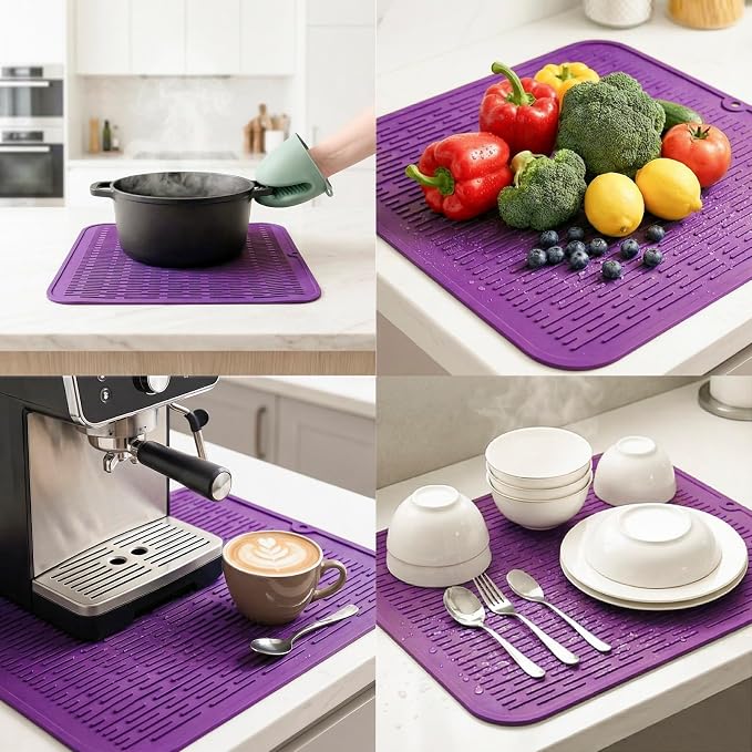 MicoYang Silicone Dish Drying Mat for Multiple Usage,Easy clean,Eco-friendly,Heat-resistant Silicone Mat for Kitchen Counter or Sink,Refrigerator or Drawer Liner Purple XL 18 inches x 16 inches