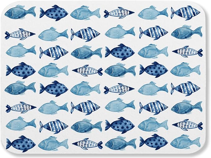 Blue Fish Dish Drying Mat for Kitchen Counter Sink, Summer Beach Absorbent Microfiber Drying Pad, Reversible Waterproof Countertop Mat for Kitchen Decor