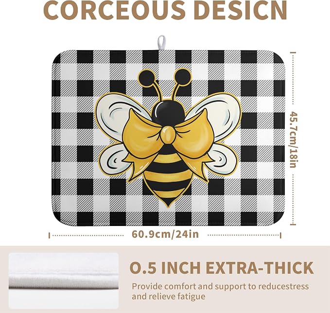 Bee Drying Mats for Kitchen Counter 18×24 Inch Black and White Buffalo Plaid Honey Bee Kitchen Drying Mats for Dishes Summer Microfiber Dish Pad Absorbent Dish Rack Mat