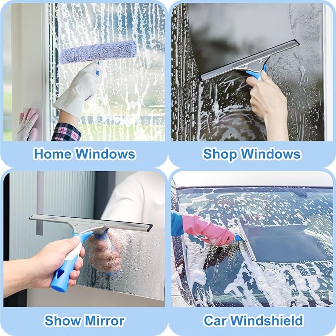 Mitclear Window Cleaning Kit 10IN Squeegee & Scrubber for Shower Glass Car | Professional Windows Cleaner Tool Glass Washing Equipment - Silicone Squeegee & Microfiber Scrubber for Mirror Windshield