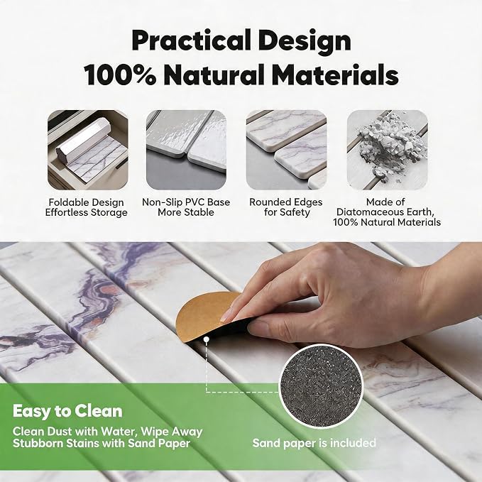 Stone Drying Mat for Kitchen Counter, Quick Diatomaceous Earth Mats for Dishes, 24"L x 16" W Super Absorbent Fast-Drying Collapsible Countertop Stone Mat (Marble White-06, 24" x 16")