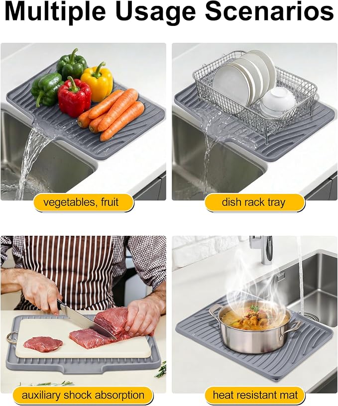 Silicone Dish Drying Mat, Stone Drying Mat for Kitchen Counter with Built-In Drain, Non-Slip Drain Pad with Built-in Drain, Heat Resistant Stone Drying Mat, 1Pcs 19.7" x 15", Grey