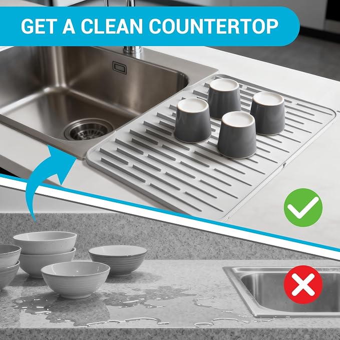 Foldable Silicone Dish Drying Mat for Kitchen Counter & Sink - Quick Dry, Space Saving, Non-Slip Pad for Small Apartments & Coffee Bar Light Grey