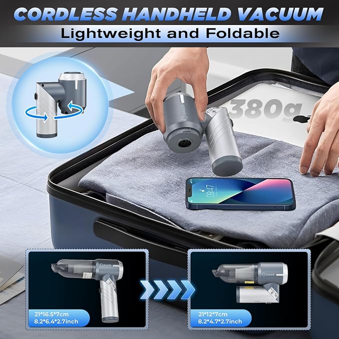 Saker Handheld Car Vacuum Portable Cordless17000Pa HL132 Silver | Small Car Vacuum with Brushless Motor,Air Duster Blower,Rechargeable Foldable Vacuum Cleaner,for Home, Office Pet