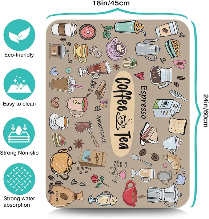 Fun Coffee Bar Mat 24inx18in, Absorbent Hide Stain Anti-Slip Accessories Fit Under Coffee Machine, Dish Drying Mat for Countertops