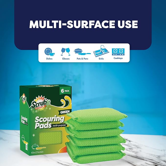 SCRUBIT Multi-Purpose Scouring Pad - Non-Scratch Cleaning Sponges for Pots, Pans, Dishes, Utensils & Non-Stick Cookware - Scrubbing Pads Use for Kitchen, Bathroom - 6 Pack Dish Sponge (Green)