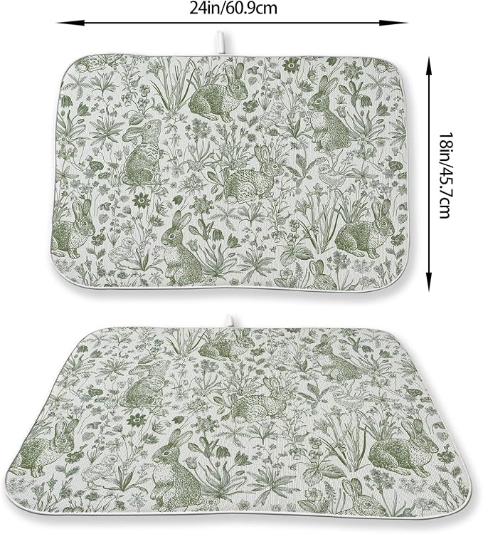 Easter Dish Drying Mat 18 x 24 Inch Sage Green Bunny Floral Drying Mat for Kitchen Counter Absorbent Sage Green Wildflowers Botanical Spring Dishes Dry Pad for Drainer Rack Kitchen Fast Dry