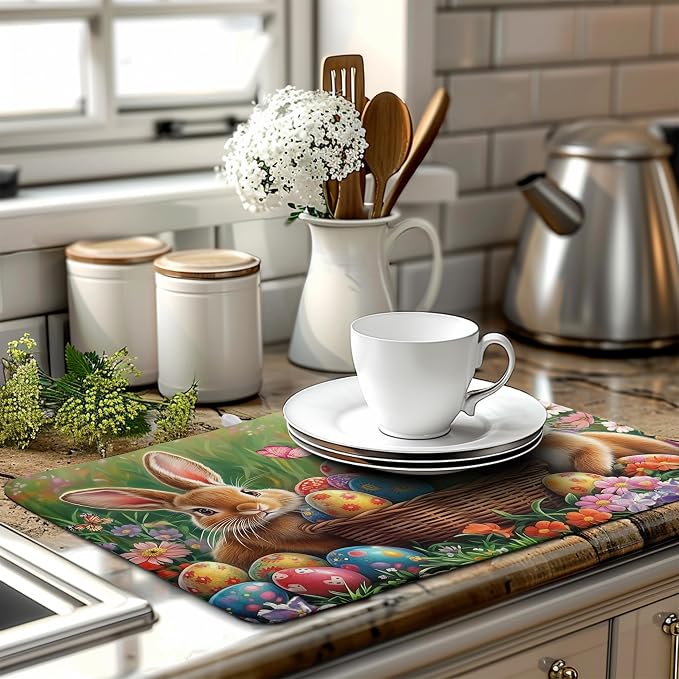 Easter Bunny Eggs Dish Drying Mat for Kitchen Counter 18x24 Inch Spring Easter Rabbit Flowers Large Drying Mat Microfiber Dish Drainer Rack Mats Absorbent Reversible Dishes Pad Dish Dryer Mat
