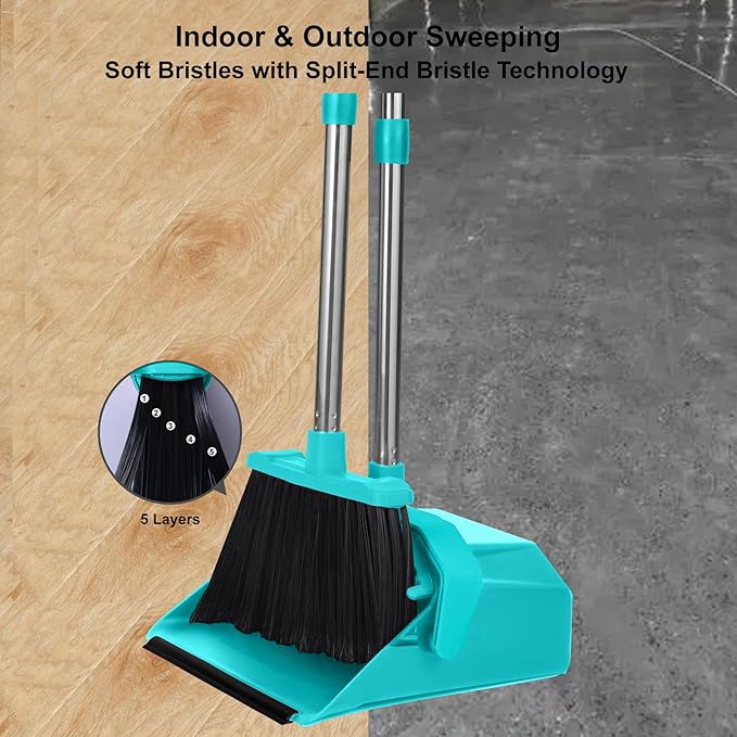 Broom and Dustpan Set for Home, 51" Long Handle Standing Dustpan Blue | Self-Cleaning Dust Pan and Brooms, ZeroGap Lip, Upright Storage Broom Combo for Kitchen Lobby Office Restaurant Indoor