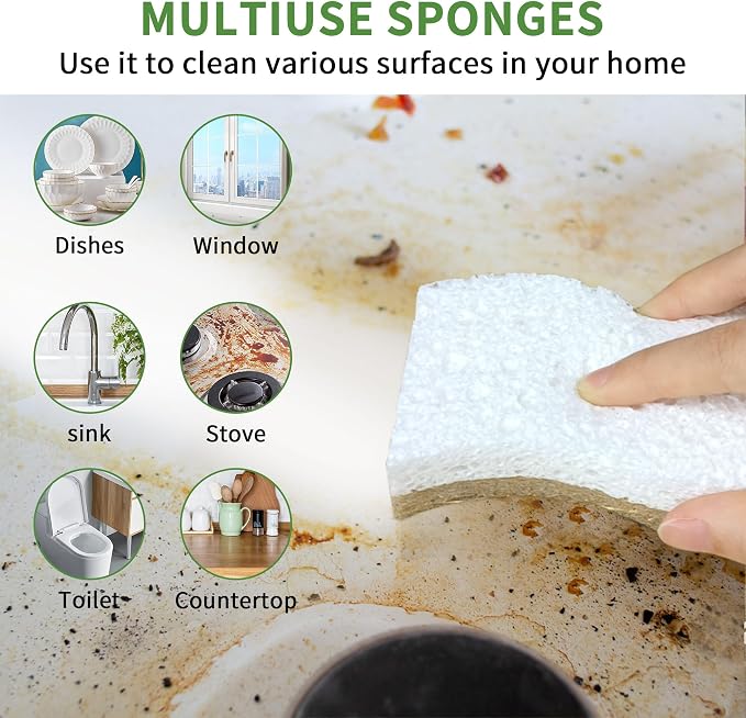 16 Pack Biodegradable Natural Kitchen Sponge - Compostable Cellulose and Coconut Walnut Scrubber Sponge - Eco Friendly Sustainable Sponges for Dishes