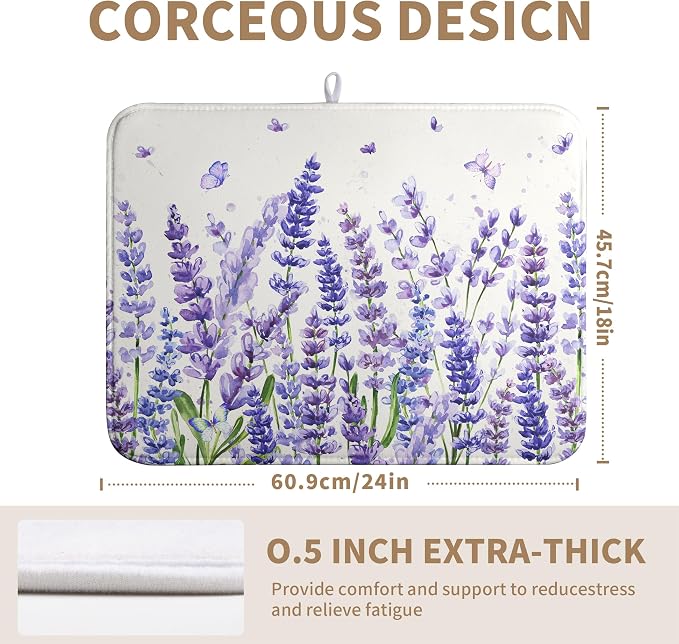 Purple Lavender Dish Drying Mat for Kitchen Counter Spring Summer Flower Floral Dishes Drainer Mats Absorbent Microfiber Dish Drying Pad Washable Dish Draining Mat Extra Large 18x24 Inch