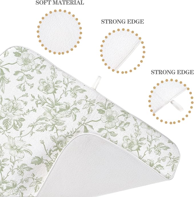 Sage Green Floral Dish Drying Mats 18x24 Inch Sage Green Chinoiserie Flower Holiday Kitchen Decor Absorbent Drying Pad Rack Drainer Mats for Kitchen Dining Room Counter