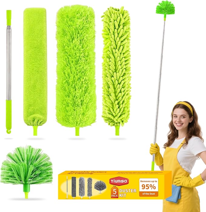 Tiumso Duster with Extension Pole 100 inch Extendable Reusable Dusters for Cleaning 5-in-1 Anti-Spin Dusting Kits for High Ceiling Fans, Cobwebs & Vents, Reinforced Stainless Steel Telescopic Handle