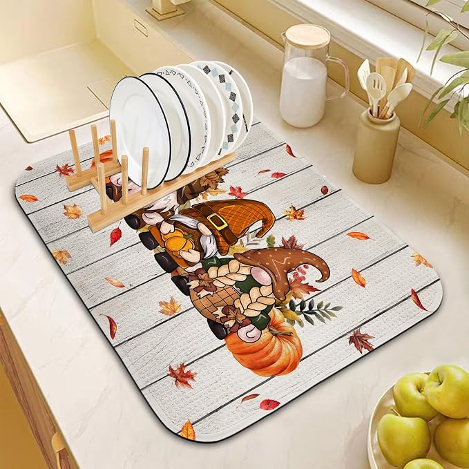 Fall Dish Drying Mat for Kitchen Counter 16x18 Inch, Super Absorbent Dish Drainer Mat, Decorative Microfiber Dishes Drying Pad-Small(Fall Gnomes)