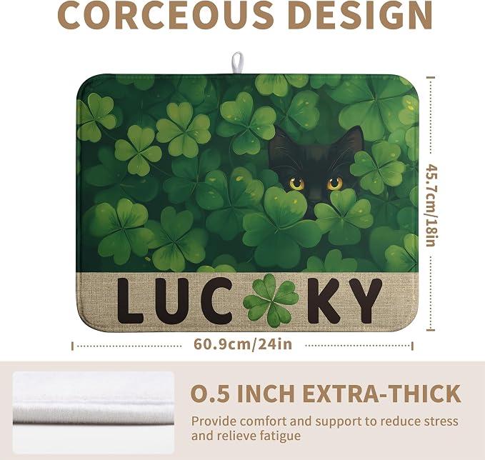 St Patricks Day Spring Shamrock Dish Drying Mats St Patrick's Day Dish Mat Cute Cat Drying Matt Dishes Dryer Pad for Kitchen Counter Absorbent Microfiber Washable Foldable Reusable 18x24 in