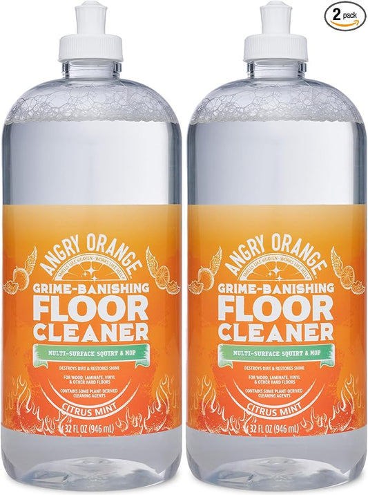 ANGRY ORANGE Hardwood Floor Cleaner - No-Rinse, Pet-Safe, Residue Free Multi-surface Cleaning Solution for Pet Urine, Grime & Everyday Dirt - Made in USA - Citrus Mint - 32 oz - Value 2 Pack