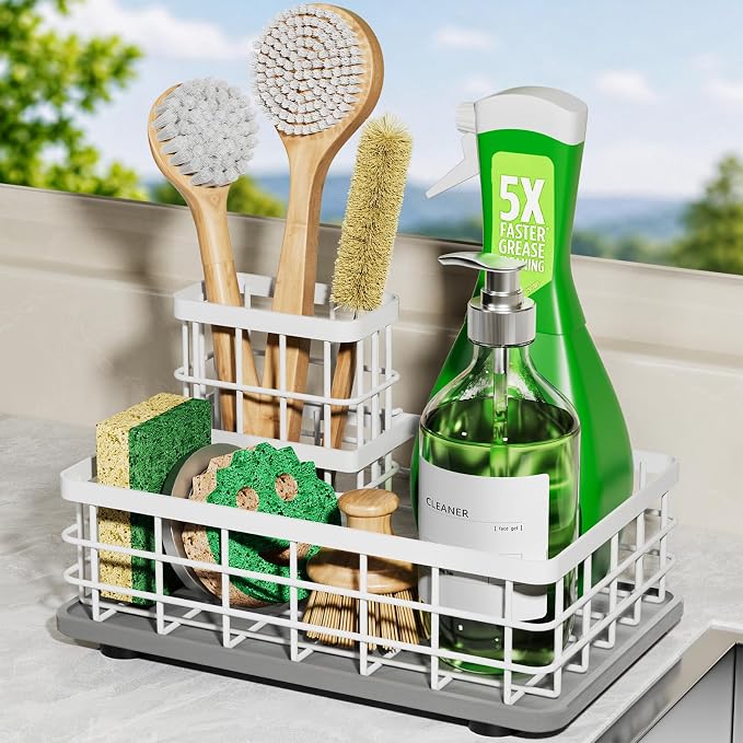 Extra Large Kitchen Sink Caddy Organizer, Stainless Steel Sponge Holder for Kitchen Sink with Brush Holder, Diatomite Stone Sink Tray for Soap Dispenser, Sponge, Bathroom Countertop Organizer, White