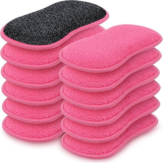 HOMEXCEL 12 Pack Multi-Purpose Scrub Sponges Kitchen Dish Sponge Non-Scratch Microfiber Sponge for Efficiently Cleaning Dishes Pots Pans, Pink