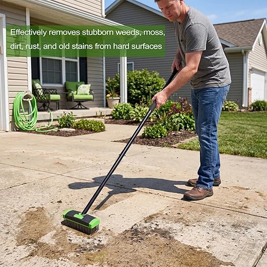 3 in 1 Scrub Brush with Long Handle – Your All-Purpose Deck Brush, Weeding Tool & Concrete Scrubber Tackle Patio Weeds, Floor Stains, Moss, and Rust with one Versatile Set. (Green)
