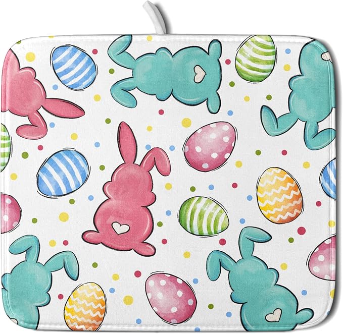 Easter Dish Drying Mat for Kitchen Counter Colorful Bunny Holiday Microfiber Absorbent Dish Draining Reusable Washable Foldable 16"x18"