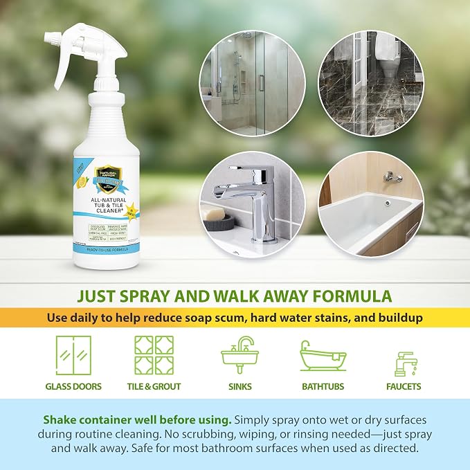 Natural Armor Tub & Tile Cleaner Spray - Daily No-Rinse Bathroom Cleaner w/Peppermint Scent for Shower Glass, Tile, Grout & Tubs - Plant-Based Formula Safe for People & Pets (32 fl oz Quart)