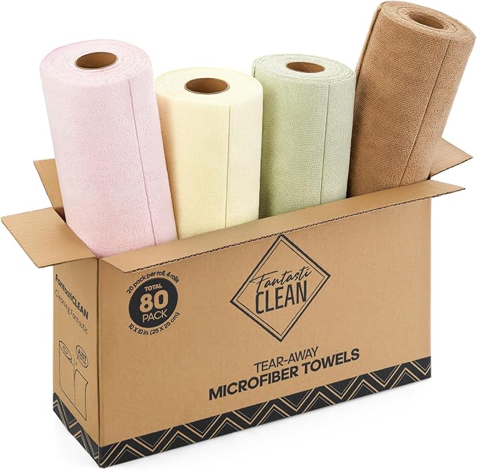 Fantasticlean Kitchen Towels Roll, 80 Sheets, 10'' (Pink,Grayish,Beige,Tan) | Tear-away Dish Towels for Kitchen, Ultra Absorbent, Lint-free, Premium Microfiber Cleaning Cloths, for All-Purpose Cleaning