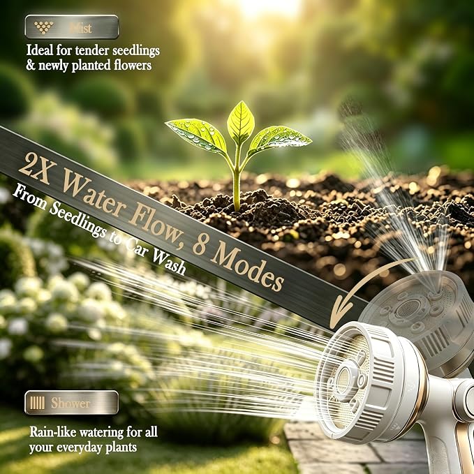 Garden Hose Nozzle Heavy Duty Metal Water Hose Sprayer | Heavy Duty Metal Spray Nozzle With Thumb Control. Japanese-style Design & 8 Spray Patterns For Different Blooming Seasons