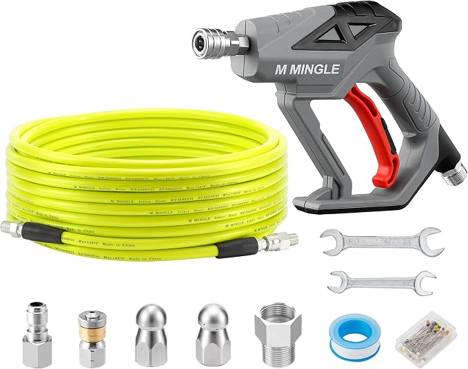 M MINGLE Sewer Jetter Kit for Pressure Washer 50 FT | Drain Cleaner Hose with Power Washer Gun, 1/4 Inch NPT Corner Rotating and Button Nose Sewer Jetting Nozzle, Orifice 4.0, 4.5
