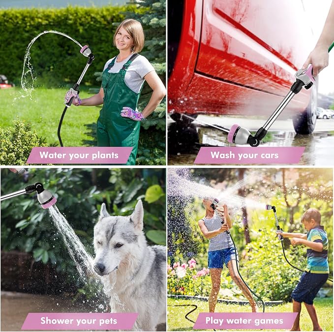 RESTMO Heavy Duty Metal Hose Wand, Watering Wand for Garden Hose | 180° Swivel Ratcheting Head, 16'' Hose Sprayer, 7 Spray Patterns, Flow Control, Ideal for Hanging Baskets & Shrubs, Pink