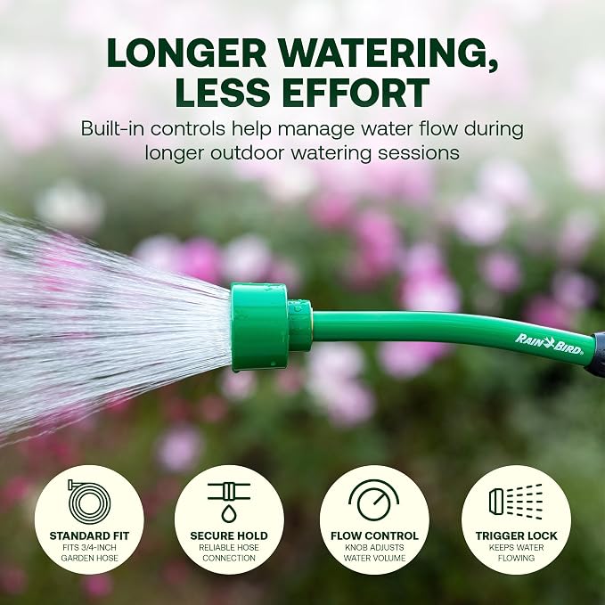 Rain Bird TRNZLWAND16 Watering Wand Garden Hose Nozzle, 16 Inch - Front Trigger Shower Spray Pattern with Flow Control Knob, Trigger Lock, Non-Slip Ergonomic Grip, 3/4 Inch GHT - Green and Black