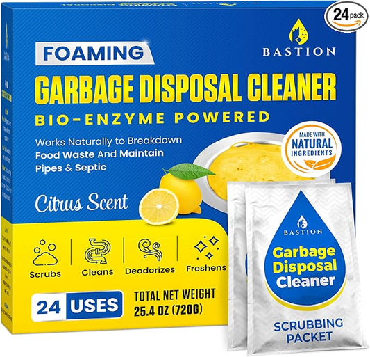 Bastion Garbage Disposal Cleaner and Deodorizer - 24-Count (1-Year Supply) Foaming Lemon Scented Kitchen Sink Freshener Pods & Drain Odor Eliminator Disposer Care