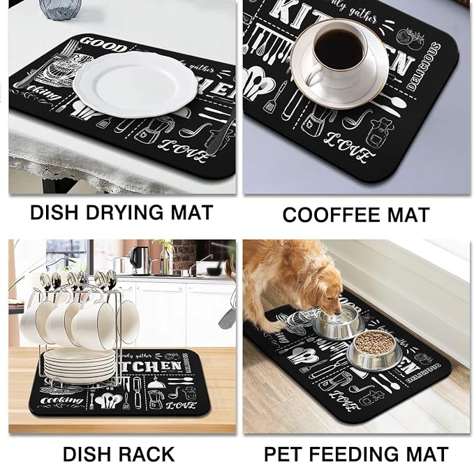 Dish Drying Mat 2-Pack in Chalkboard Kitchen for Kitchen Counter Dishes | Diatom Mud Mats (18x24, 19.5x12"). Non-slip rubber back for kitchen counter, coffee bar & sink scenes