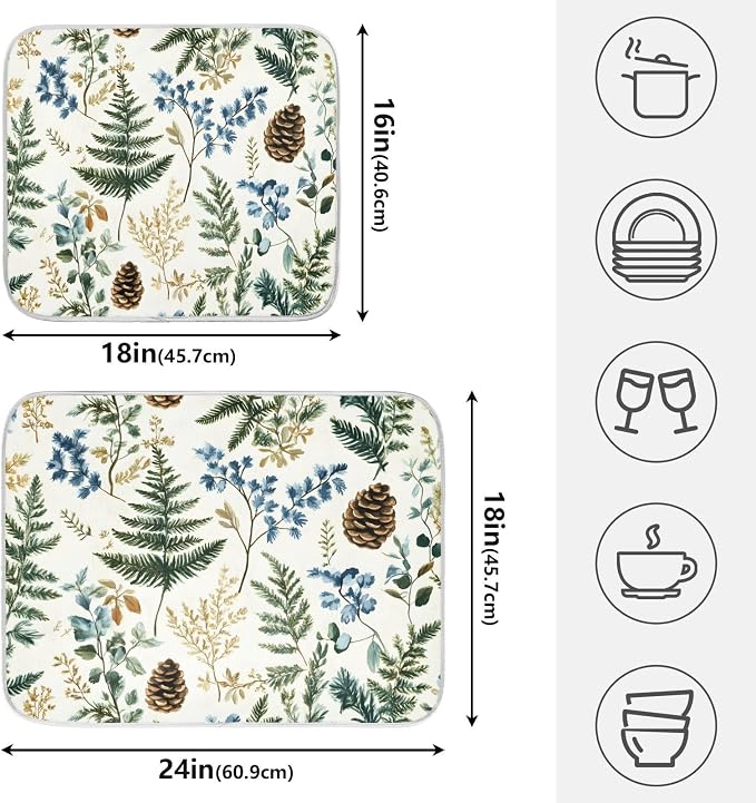 Vintage Herbs Fern Leaves Floral Plant02 Dish Drying Mat for Kitchen Counter Absorbent Microfiber Small Drying Pad Dish Mats for Kitchen Countertops 16 x 18 Inch