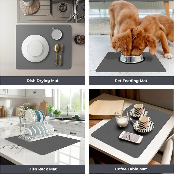 Dish Drying Mat Super Absorbent – 17" x 31" Coffee Mat for Countertops – Non-Slip Drying Mat for Kitchen Counter – Easy to Clean Water Absorbent Mat – XLarge Dish Drying Mats (Dark Gray)