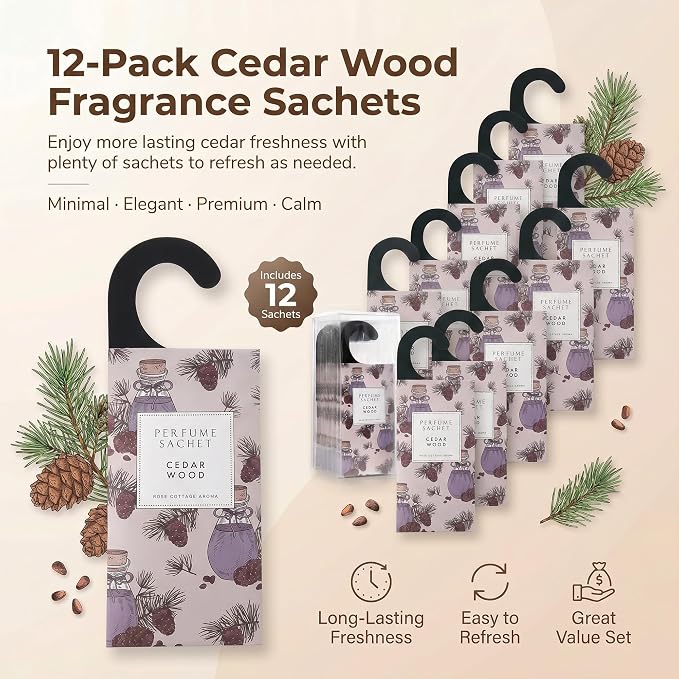 ROSE COTTAGE Large 12 Packs Cedar Wood Hanging Closet Deodorizer Air Freshener Long Lasting Scented Sachets Smell Goods for House