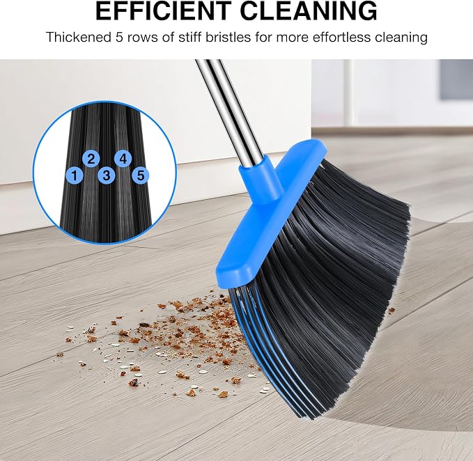 NACENA Broom and Dustpan Set, 52-in Long Adjustable Handle Broom Dustpan Combo with Dustpan Teeth to Automatically Clean Hair Suitable for Home Kitchen Office Hall Floor (Black&Blue),3 Pack