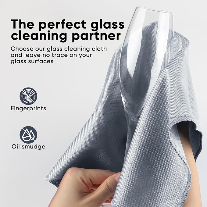 HOMEXCEL Microfiber Glass Cleaning Cloth 12 PK, Lint Free Streak Free, Reusable Magic Cleaning Cloth for Cleaning Windows, Glasses, Mirrors, Screens, Stainless Steel, and More Grey-12”×12”