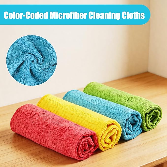 Puomue Microfiber Cleaning Cloth, 24 Pack Highly Absorbent Cleaning Rags, 4 Color Mix, Reusable, Soft and Lint Free Cleaning Supplies for Window, Household and Kitchen, 12 Inch X 10.6 Inch