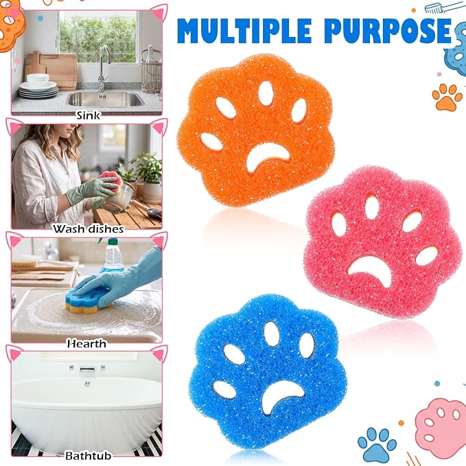 FillTouch 3 Pcs Dual Sided Scrub Sponge Multi Functional Cute Temperature Sensitive Non Scratch Dish Sponge for Washing Dishes Kitchen Bathroom (Cat Paw,Pink, Orange, Blue)