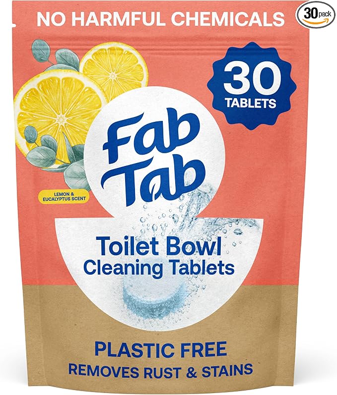 Fab Tab Toilet Bowl Cleaner Tablets, Powerful Stain Removal, No Harsh Chemicals, Plastic-Free, Removes Rust & Stains, Safe for Regular and Septic Tank Toilets, Lemon & Eucalyptus Scent