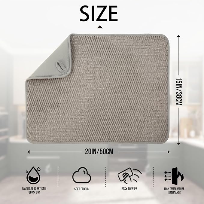 2 Pack Microfiber Dish Drying Mat for Kitchen Counter,Ultra Absorbent Dish Drainer Mat ,Dish Drying Pad , Dish Rack Mat 20×15 Inch (Gray)