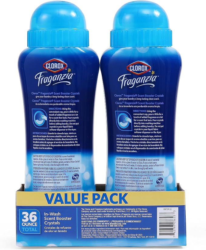 Clorox Fraganzia Laundry Scent Booster Crystals, In-Wash Fragrance Beads for Fresh-Smelling Clothes & Linens, Safe for All Fabrics & Colors, Linen Scent, 18 Oz, 2 Pack