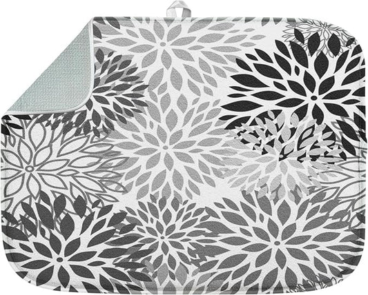 Sanwarm Absorbent Dish Drying Mat, Vintage Spring Leaf Gray Floral Flower Microfiber Pad for Kitchen Counter, Coffee Bar Decor, Heat Resistant and Reversible, 16" x 18"