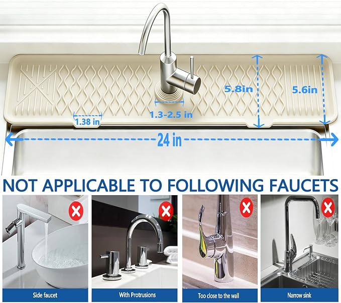 EBIGIC 24 Inch Silicone Faucet Mat for Kitchen Sink, 7° Slope Fast Self-Draining Sink Splash Guard, Kitchen Sink Water Catcher Organizer, Kitchen Sink Accessories (off-white, 24''x5.6'')