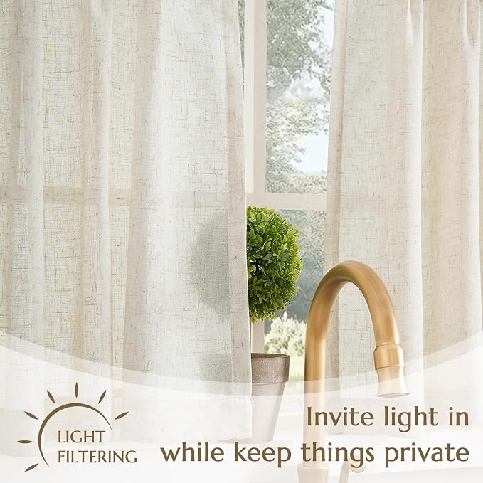 jinchan Pinch Pleated Linen Back Tab Tier Curtains,26x36,4 Panels,Natural | Light filtering,rod pocket,small window treatment,cafe curtains,machine washable,farmhouse,kitchen,bathrooms,laundry