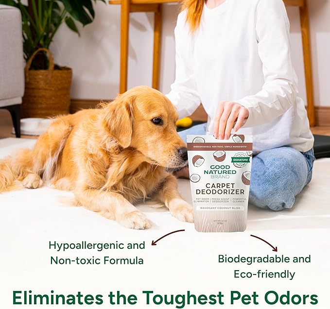 Good Natured Brand | Carpet Deodorizer & Freshener Powder | 31 oz Pet Odor Eliminator for Strong Odor & Pet Urine | Fresh Natural Mahogany Coconut Bliss Scent | Safe for Homes with Pets
